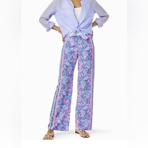 Lilly Pulitzer Pants - Lilly Pulitzer Bal Harbour Wide Leg Floral Blue and Pink Women's Pants Large